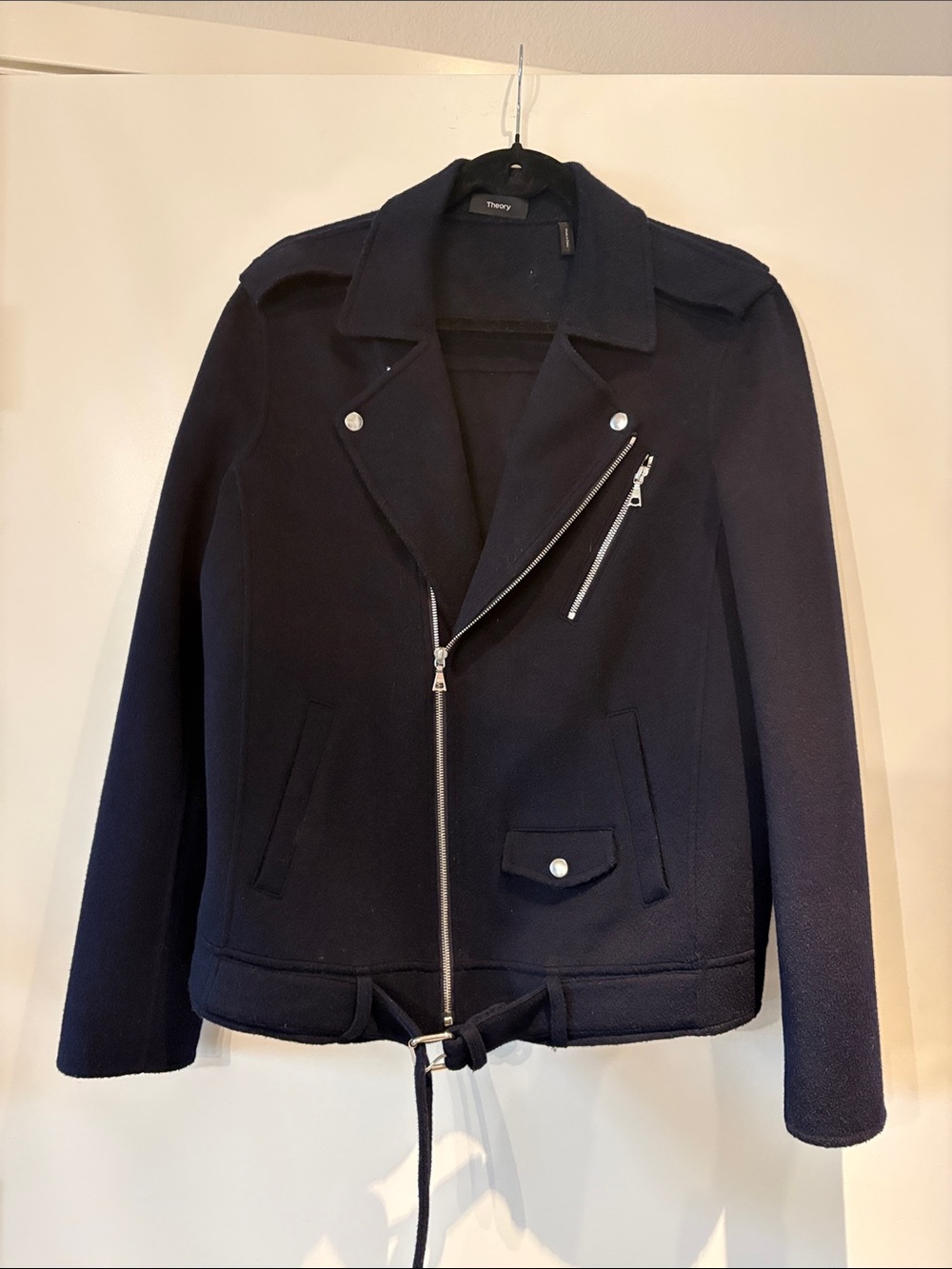 Theory Navy Wool Moto Jacket with Silver Hardware